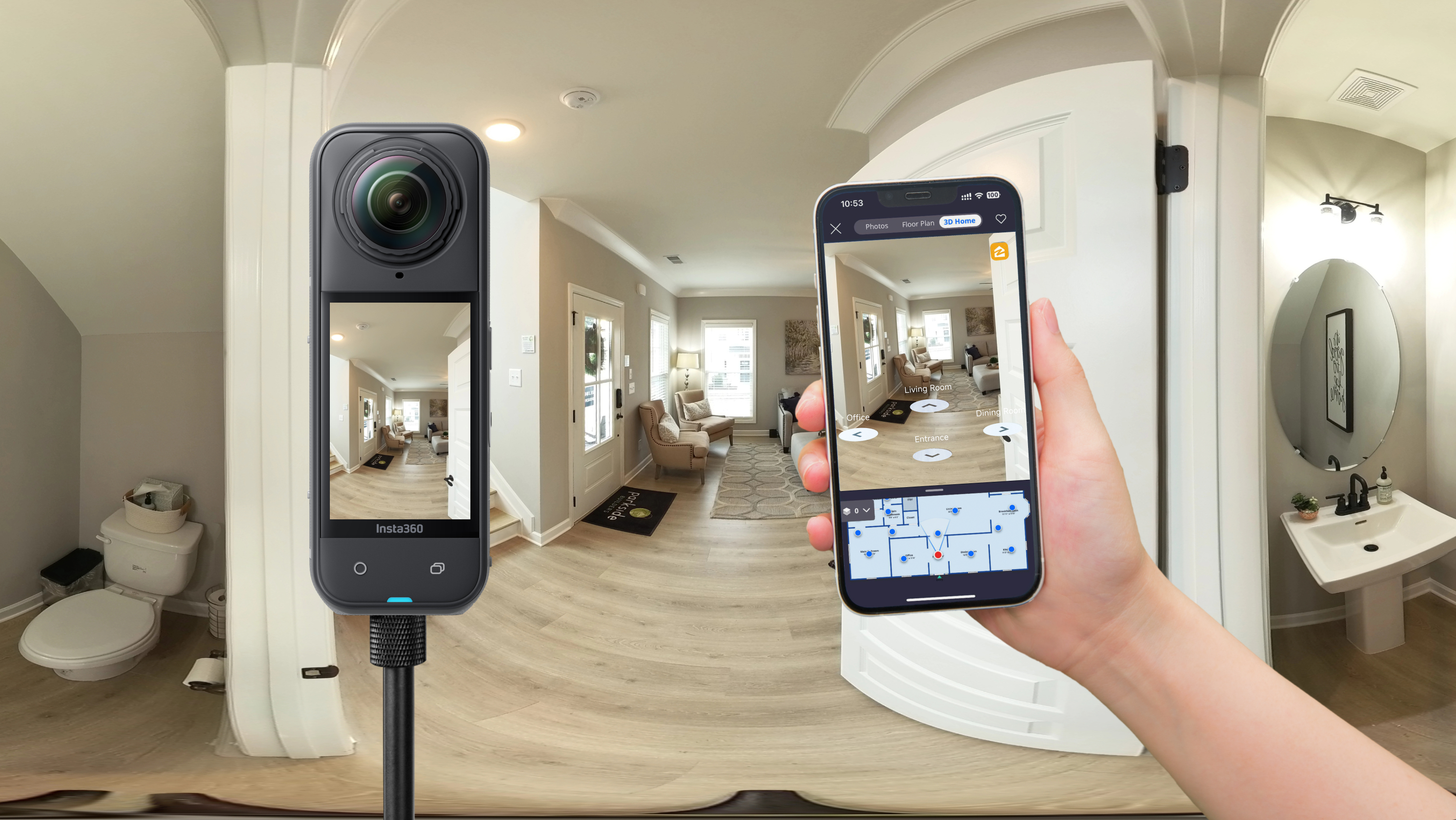 Insta360 X5 next to a mobile phone displaying the Zillow 3D Home app that can display virtual tours.